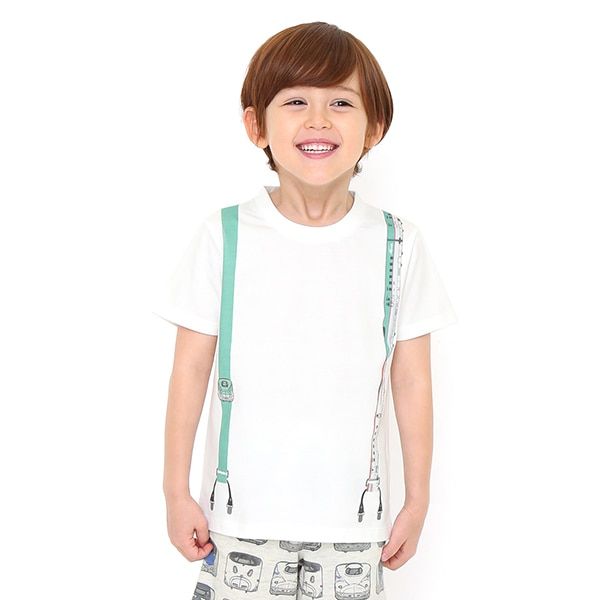【でんしゃのずかん】キッズTシャツ（グリーンサスペンダー）/110cm