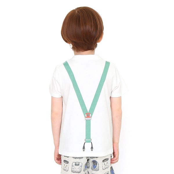 【でんしゃのずかん】キッズTシャツ（グリーンサスペンダー）/110cm